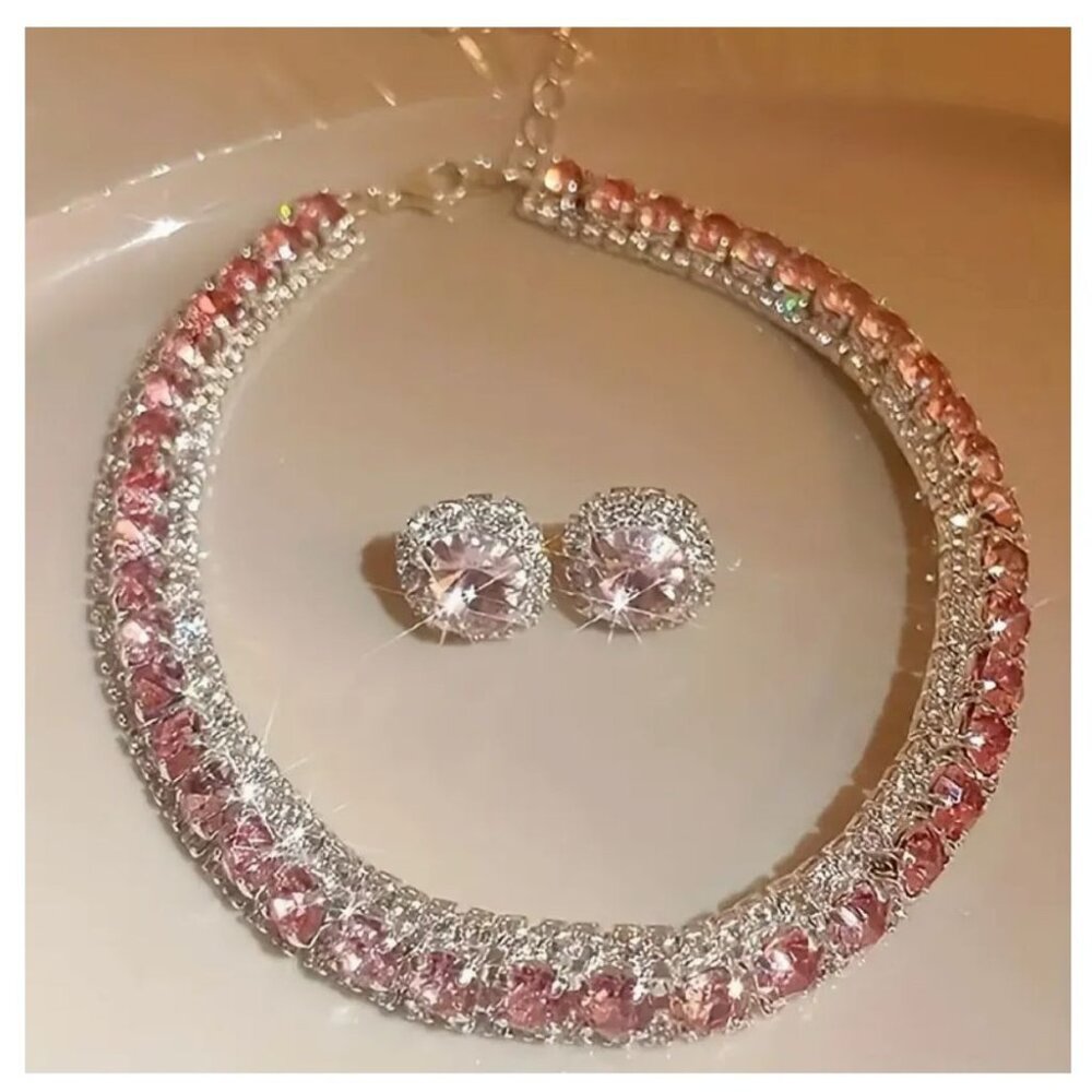Elegant Pink Crystal Choker Necklace & Earring Set Silver Tone
